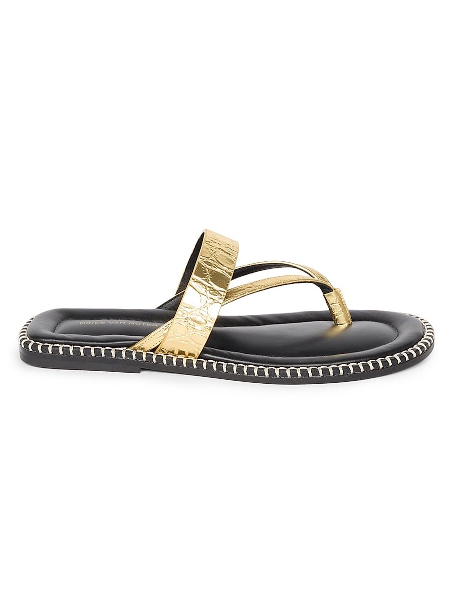 Women's Croc-Embossed Metallic Leather Flat Sandals - Gold - Size 10