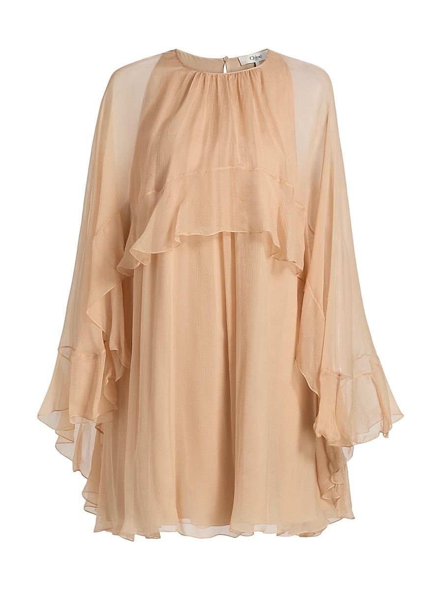 Women's Silk Chiffon Ruffle Minidress - Delicate Pink - Size 12