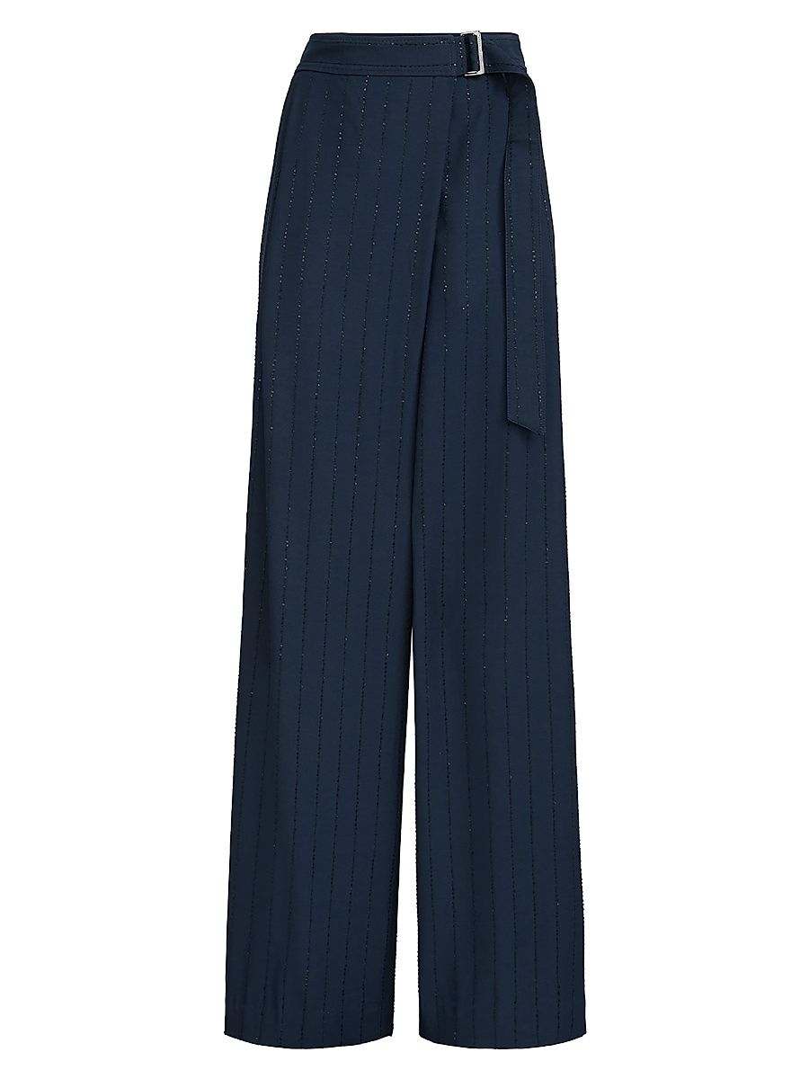Women's Dazzling Chalkstripe Sartorial Wrap Trousers with Monili - Blue - Size 0
