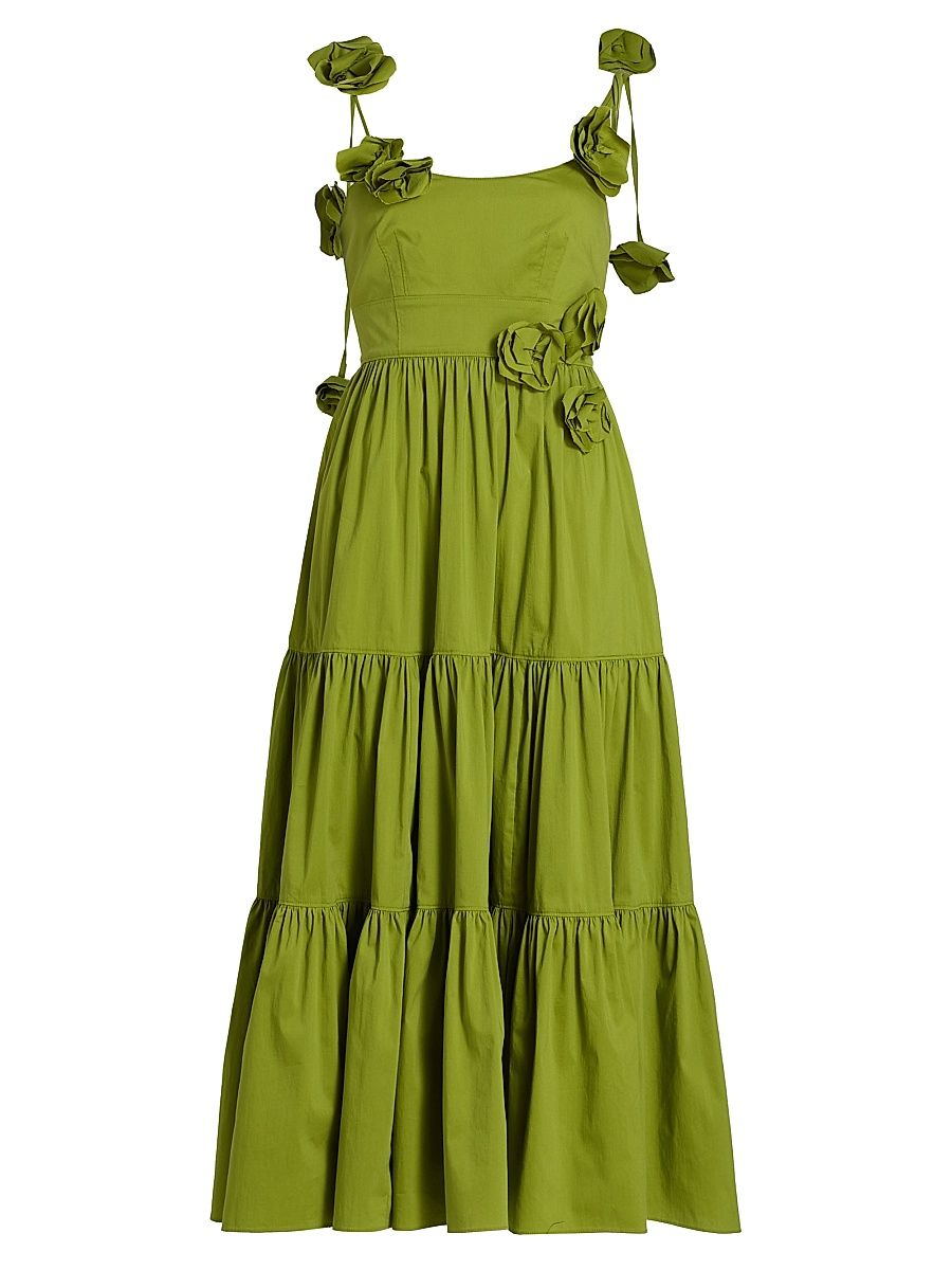 Women's Kael Embellished Cotton-Blend Tiered Midi-Dress - Dark Lime - Size 12