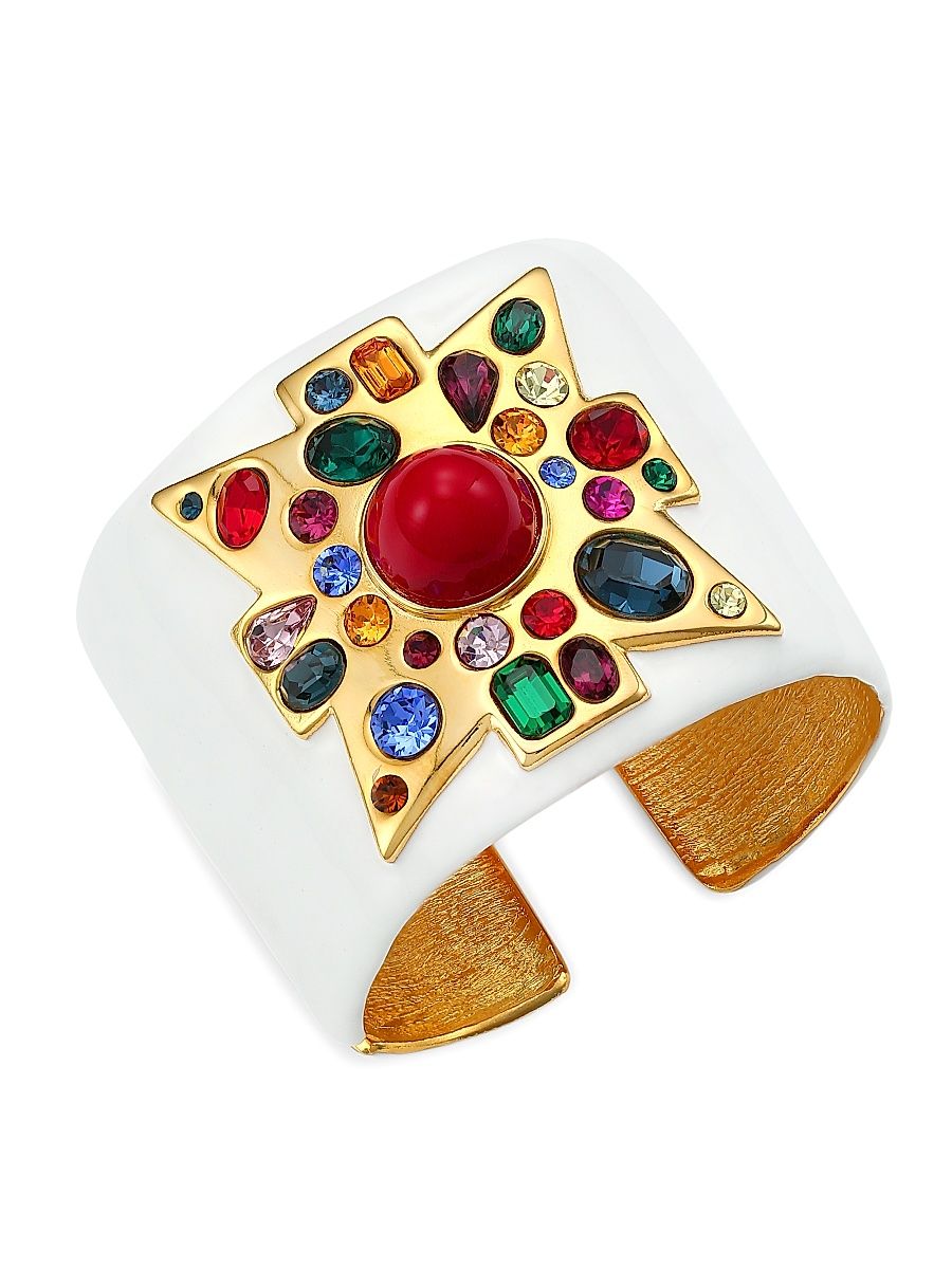 Women's 22K Goldplated, White Enamel & Multi-Stone Maltese Cross Wide Cuff Bracelet - White Multi Ruby