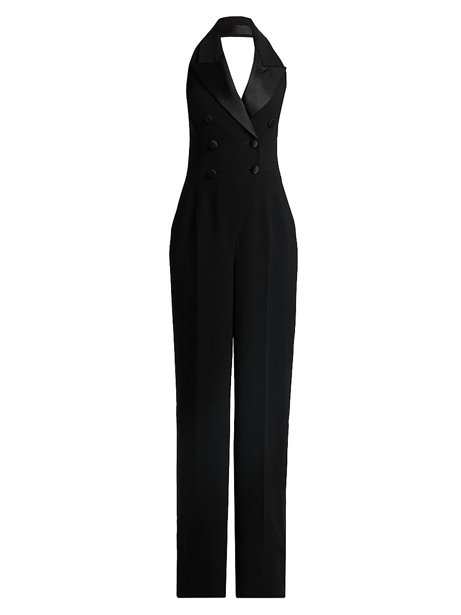 Women's Satin Lapel Halter Crepe Jumpsuit - Ebony - Size 4