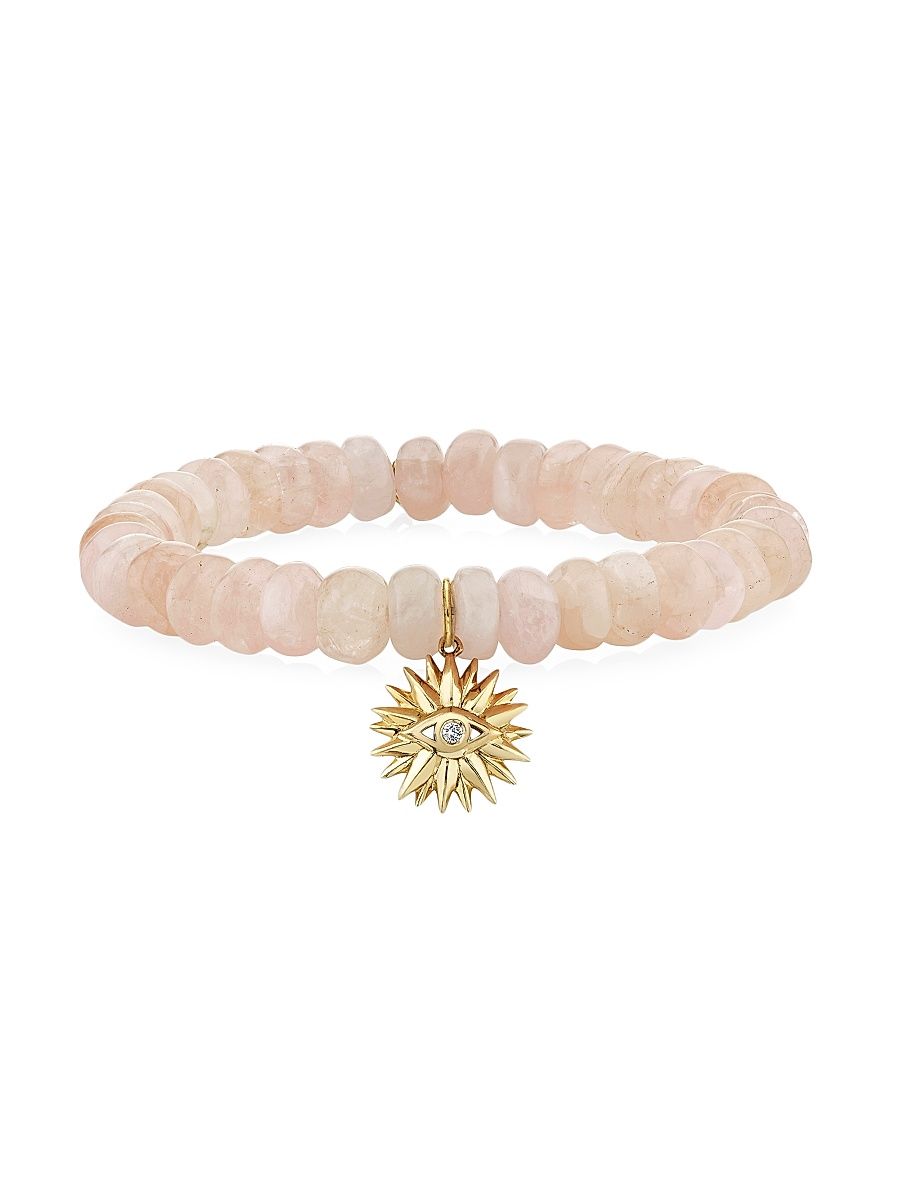 Women's 14K Yellow Gold, 0.02 TCW Diamond & Morganite Bead Evil Eye Sunburst Stretch Bracelet - Pink