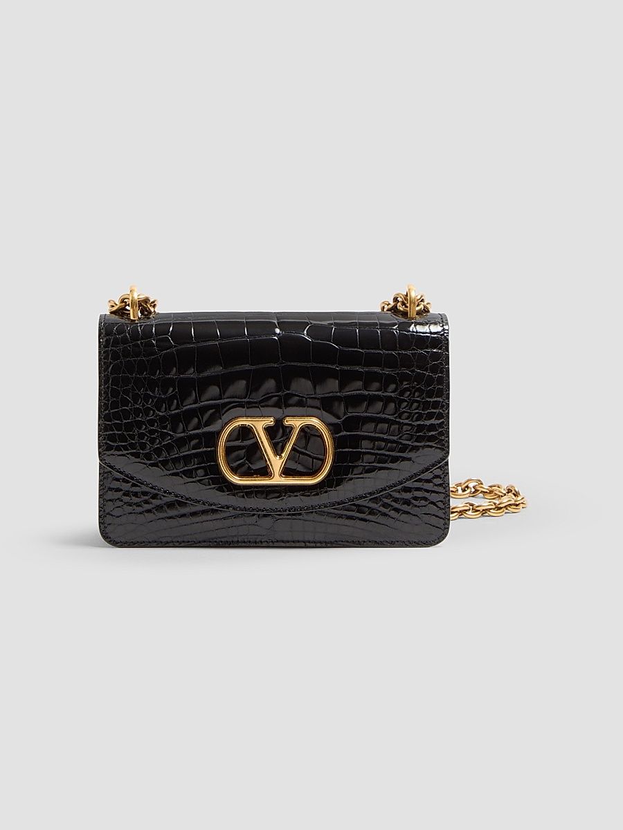 Women's Vain Small Shoulder Bag in Crocodile Leather - Black