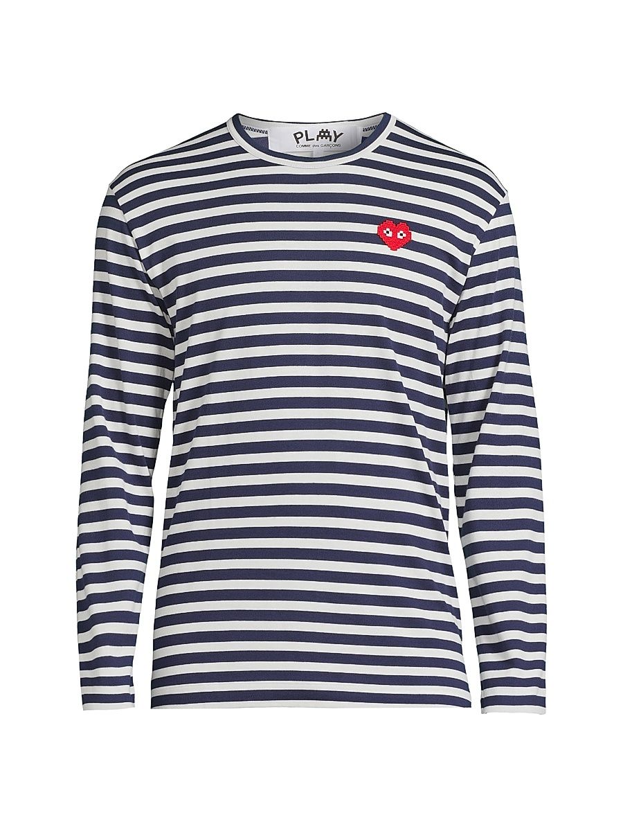 Men's Striped Invader Heart Cotton Long-Sleeve T-Shirt - Navy White - Size Medium
