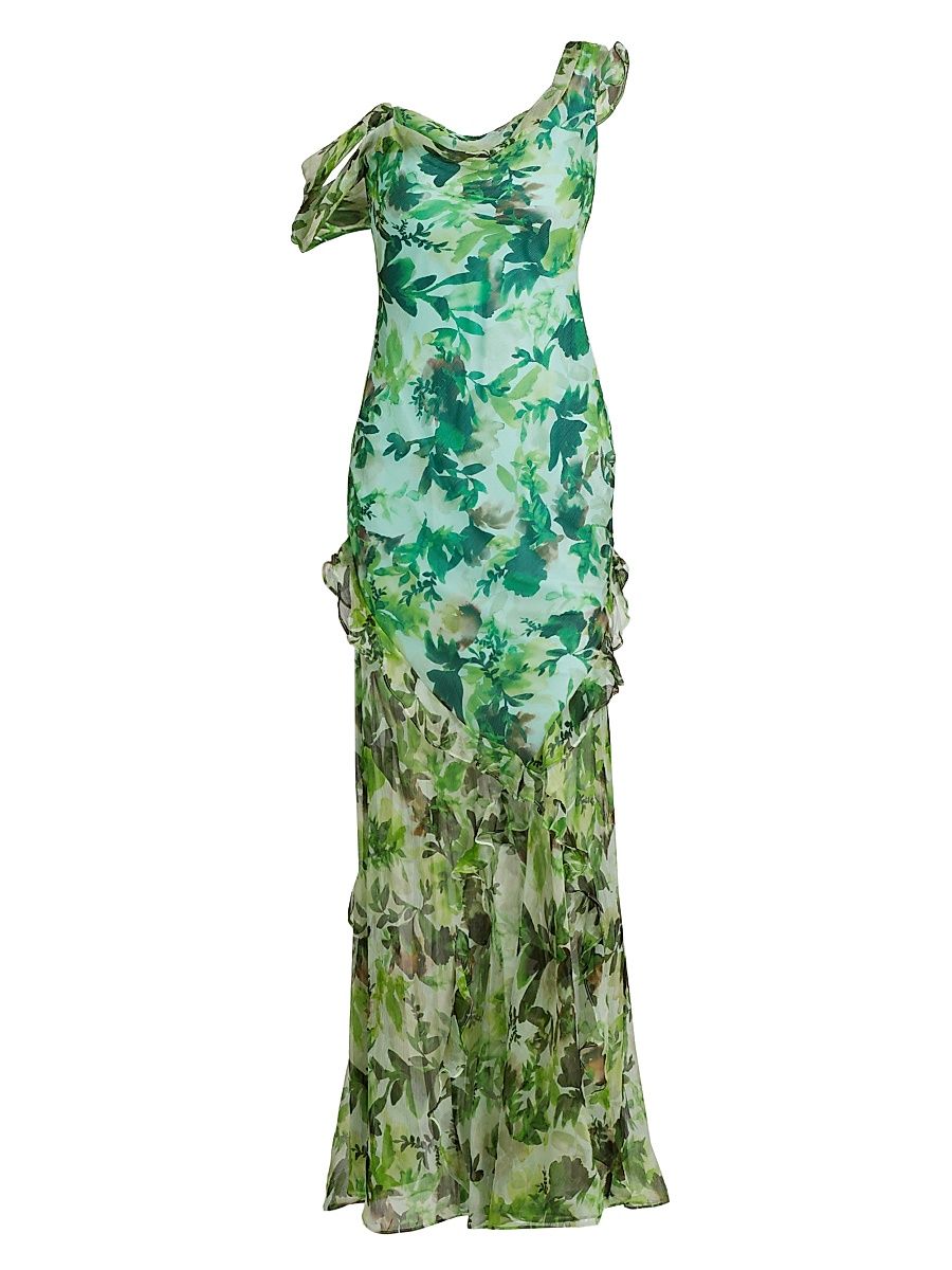 Women's Seema Floral Silk Ruffled Maxi Dress - Watercolour Garden - Size 4