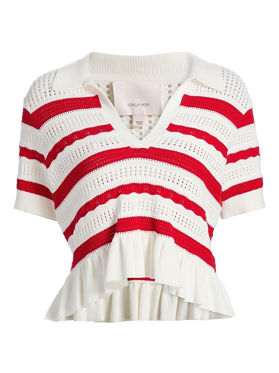 Women's Elvire Striped Pointelle Polo Sweater - Goji Berry Ivory - Size XL
