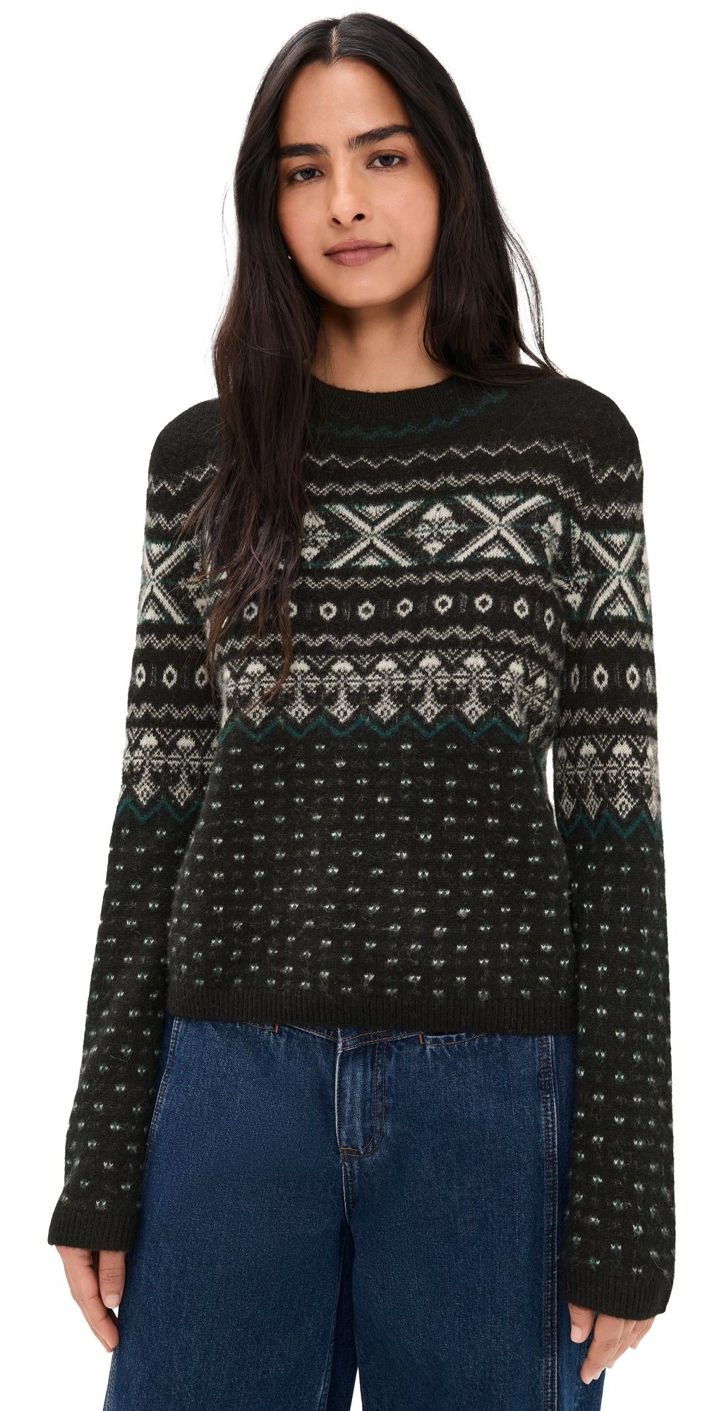 Vince Boiled Fair Isle Mock Neck Sweater Black/Off White Combo XS