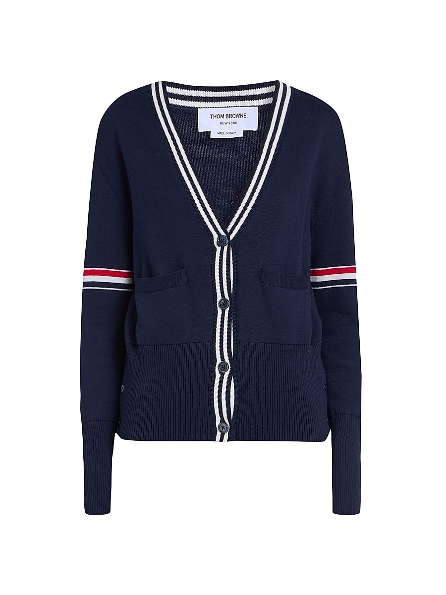 Women's Sailboat Jacquard V-Neck Cardigan - Navy - Size 10