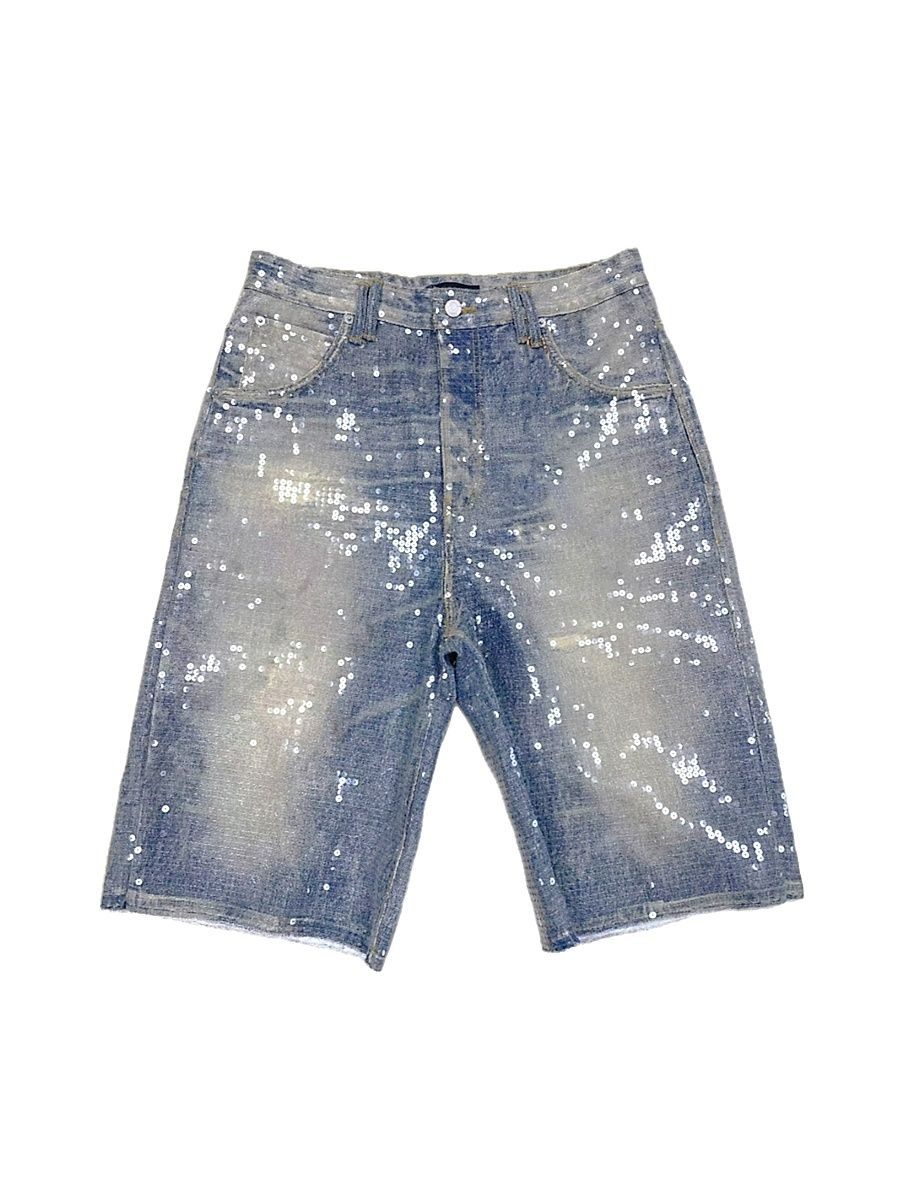 Men's Sequined Cotton Denim Wide-Leg Shorts - Light Indigo - Size 34
