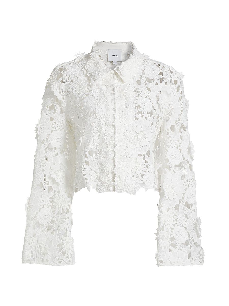Women's Audrey Lace Bell-Sleeve Crop Jacket - White - Size 4