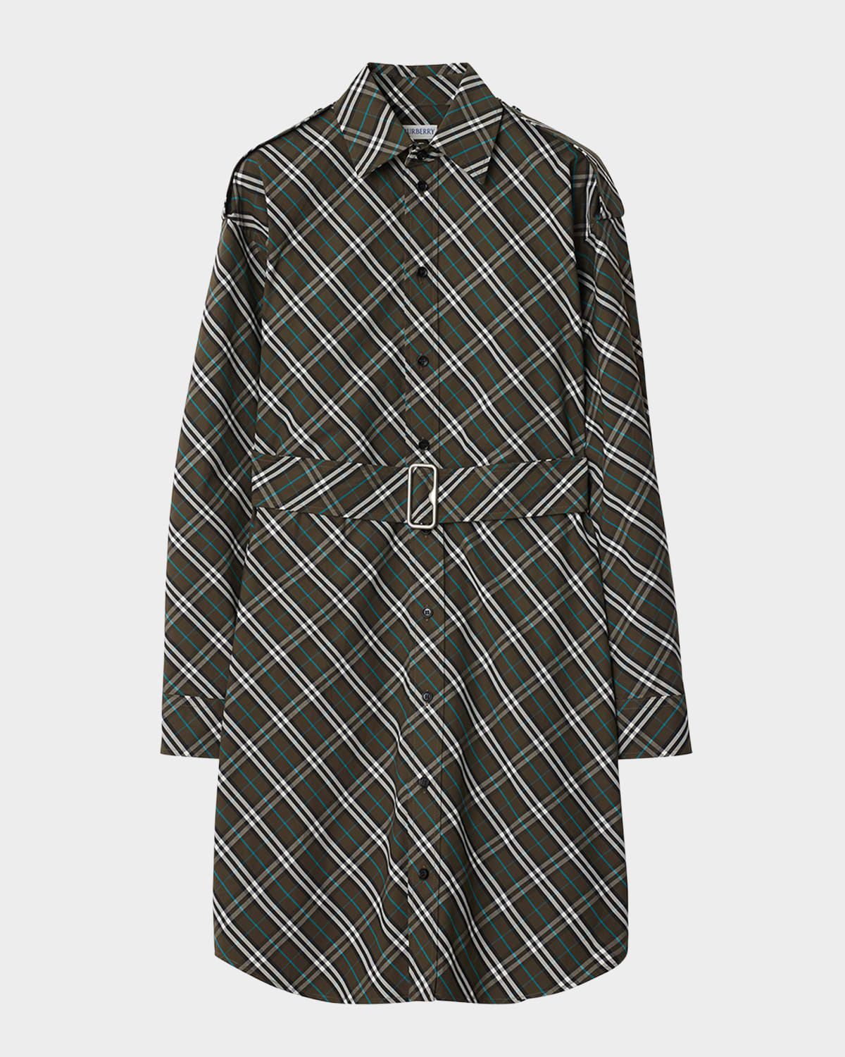 Check Long-Sleeve Belted Shirtdress