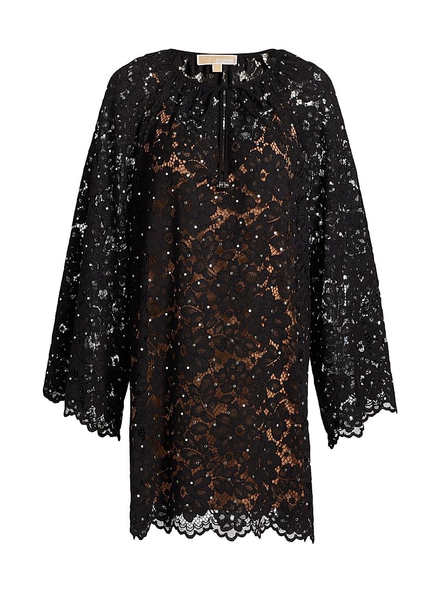 Women's Embellished Lace Long-Sleeve Minidress - Black - Size Large