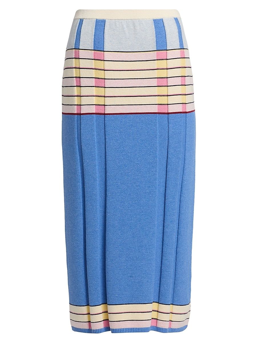 Women's Striped Silk-Linen Midi-Skirt - Delft Blue Combo - Size Small