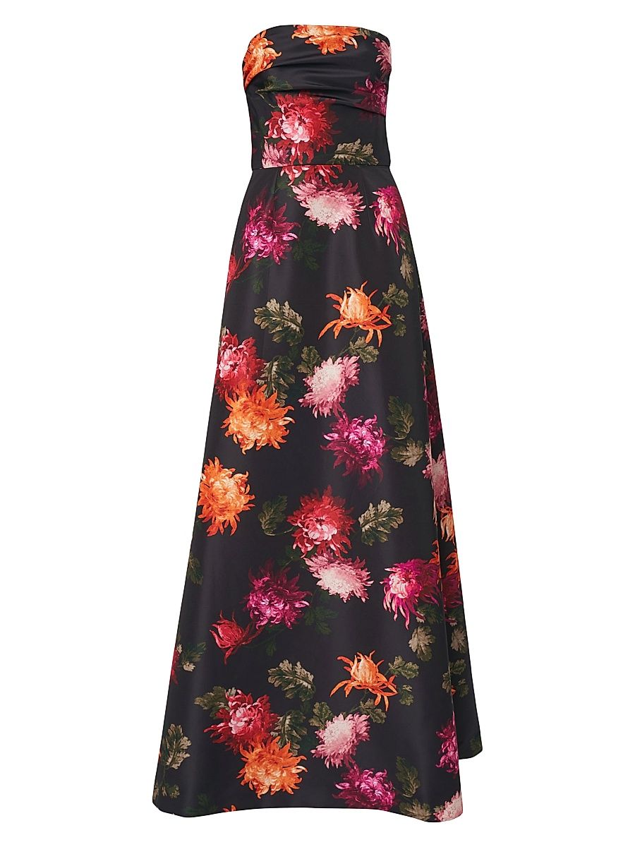 Women's Chrysanthemum-Print Strapless A-Line Gown - Black Multi - Size 14