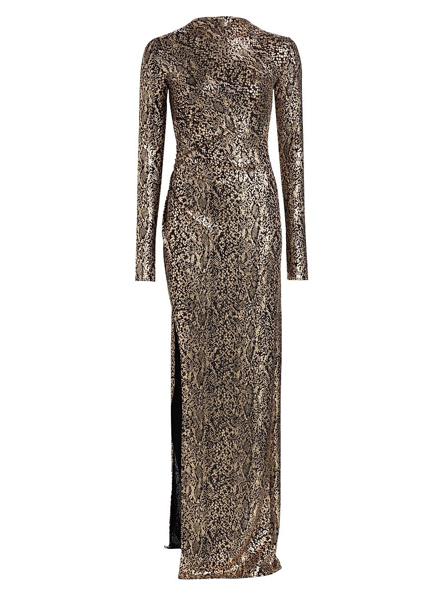 Women's Snake-Print Slit Gown - Pale Gold - Size XL