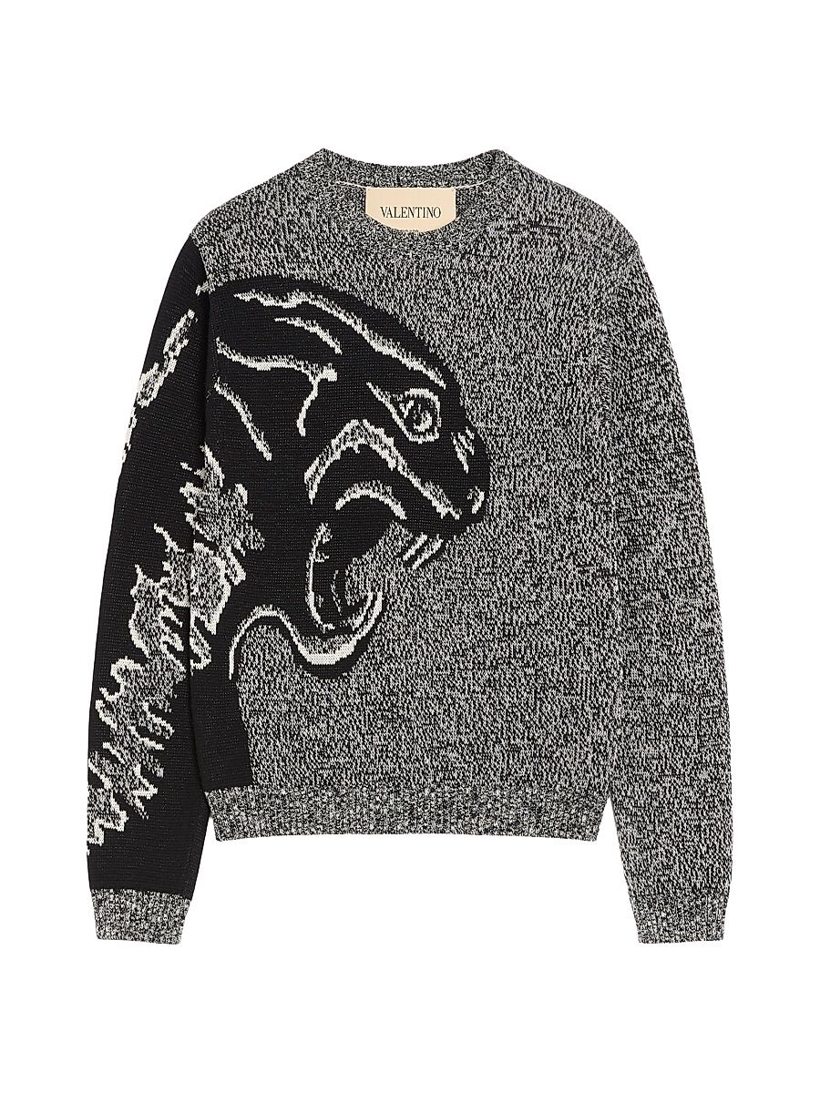 Men's Cotton and Mouliné Wool Sweater with Panther Jacquard - Ivory Black - Size Small