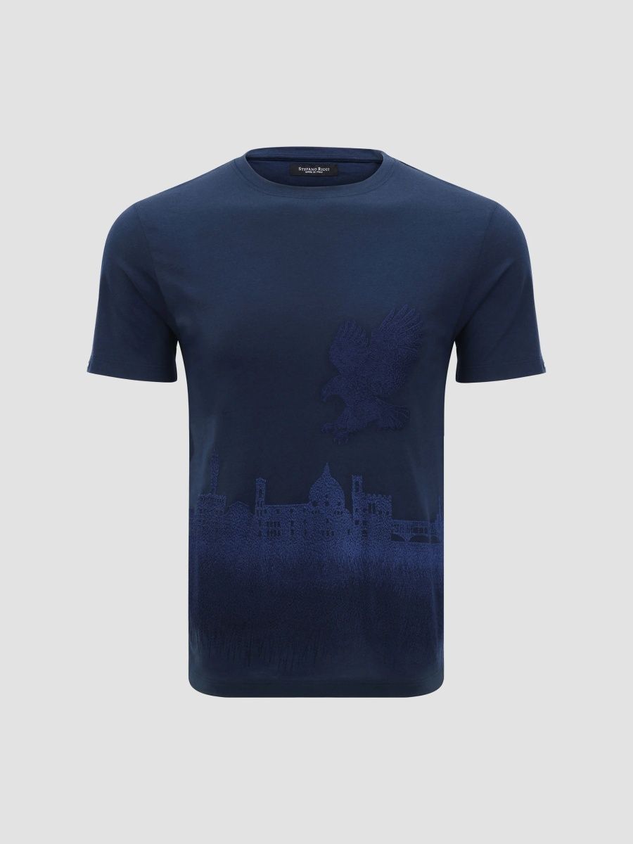 Stefano Ricci Men's Crewneck Florence Skyline Embroidered T-Shirt - Navy Blue - Size XXXL