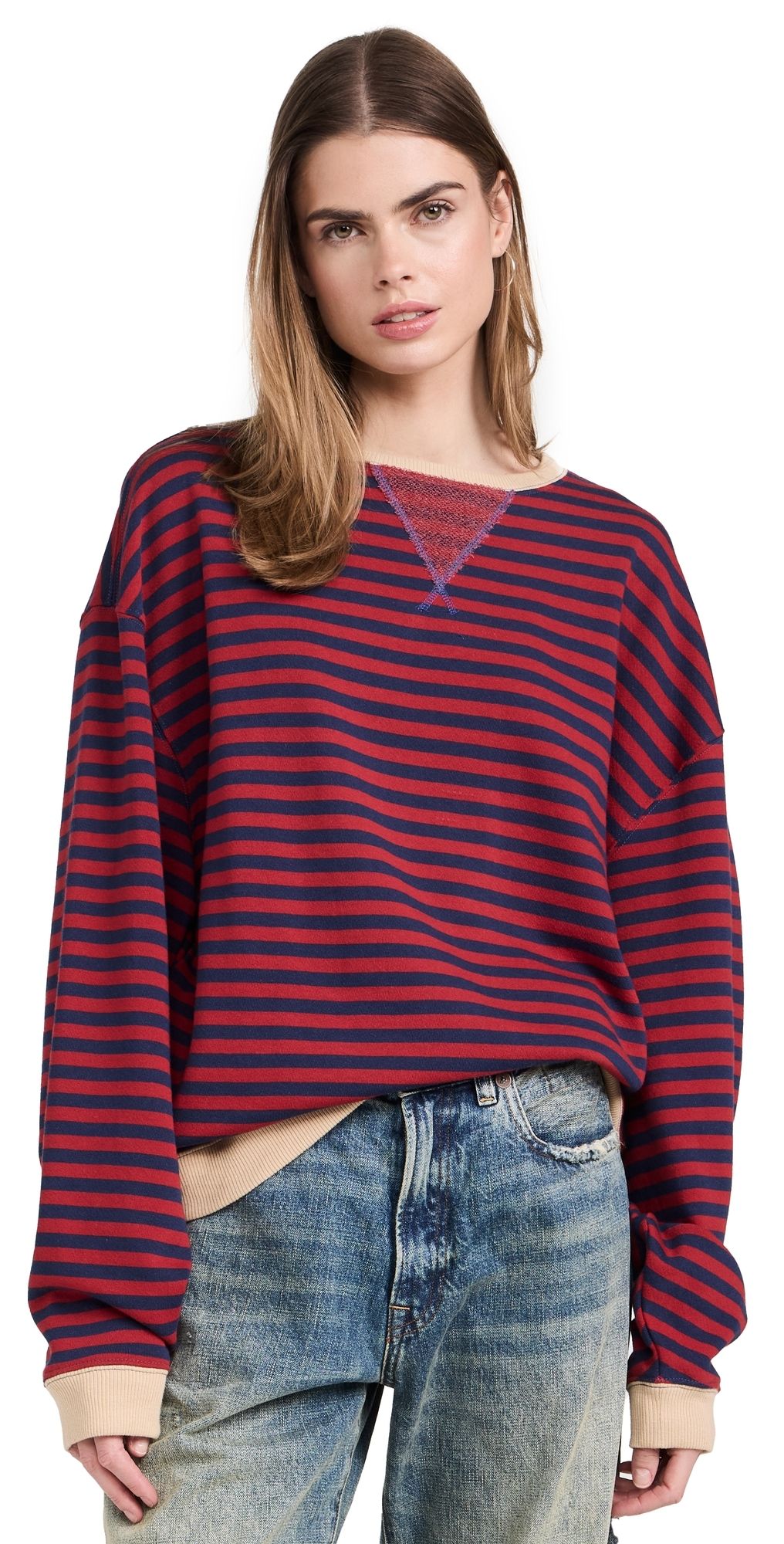 Free People Classic Striped Crew Sweatshirt Nautical Combo S