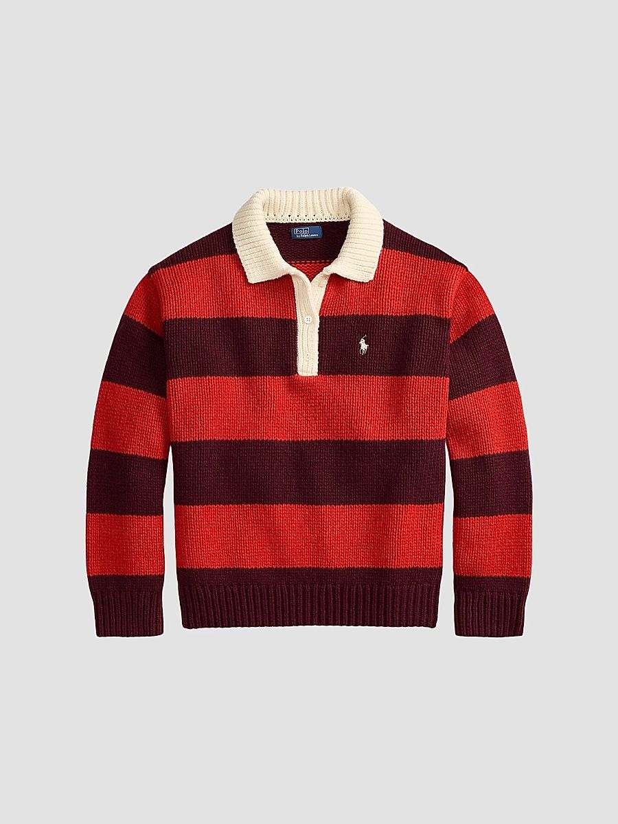 Polo Ralph Lauren Women's Striped Wool-Blend Rugby Sweater - Harvard Wine Brandy - Size Medium
