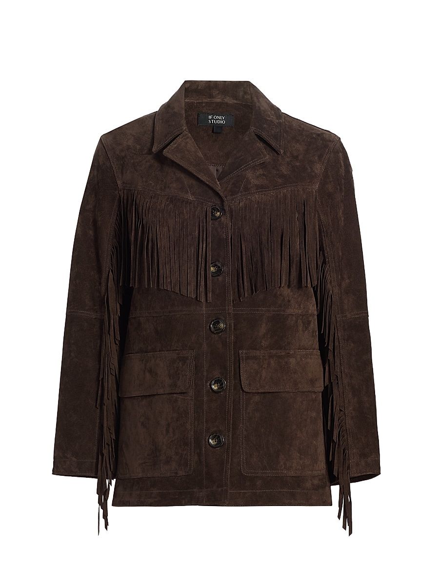 Women's Fringe Suede Button-Front Jacket - Chocolate - Size Large
