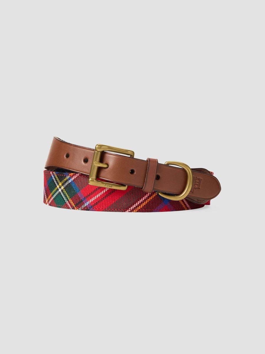 Polo Ralph Lauren Men's Leather-Trim Tartan Wool Belt - Red Tartan - Size 42