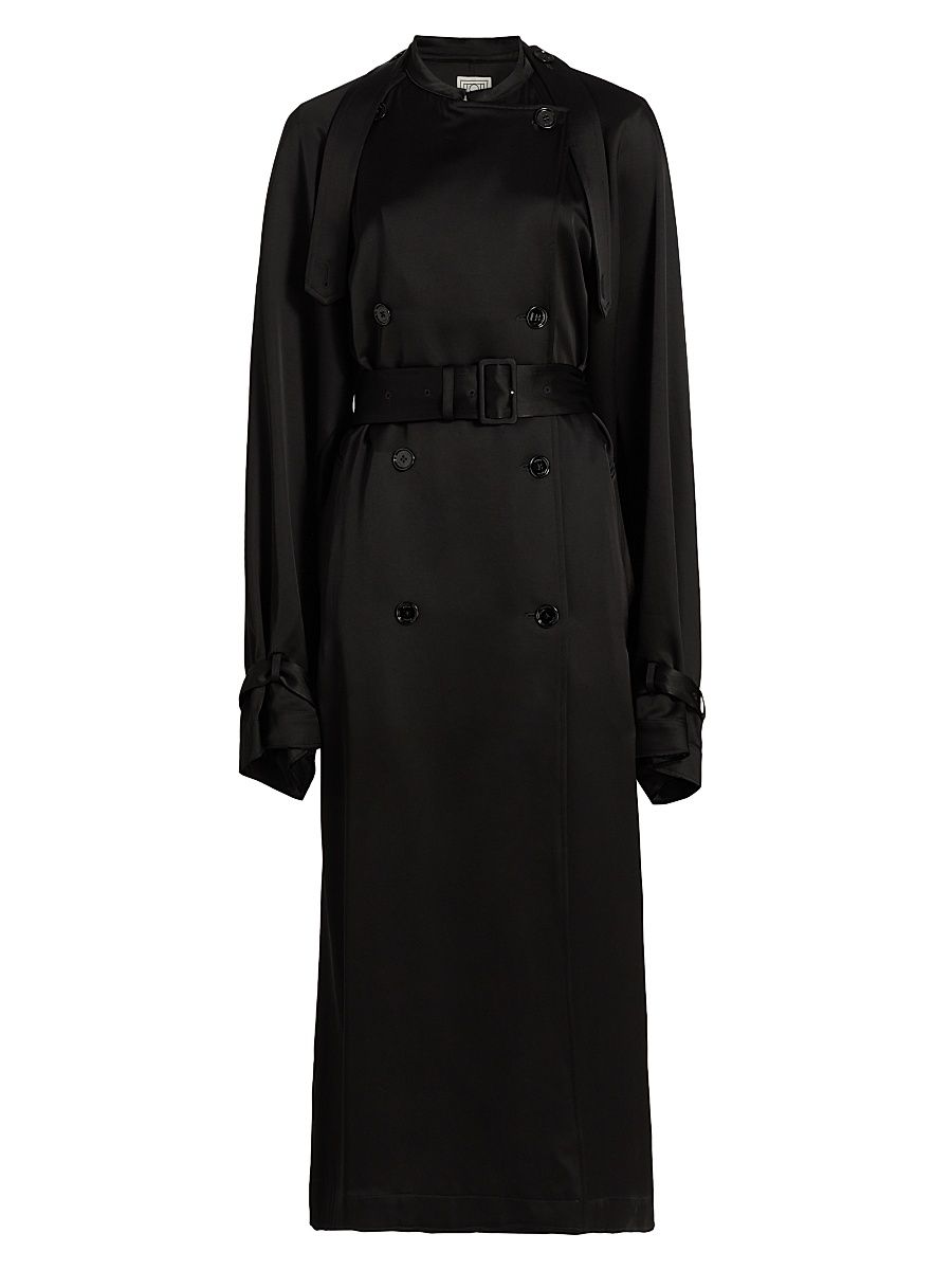 Women's Draped Satin Double-Breasted Trench Coat - Black - Size 10
