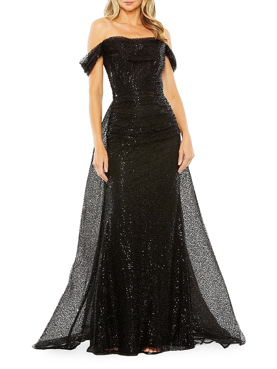 Women's Sequined Off-The-Shoulder Gown - Black - Size 10
