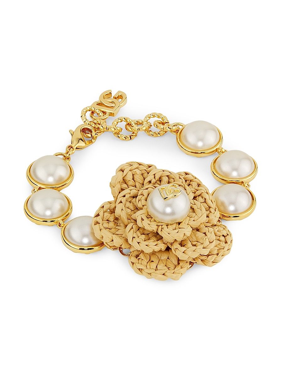 Women's Flower Goldtone, Raffia & Imitation Pearl Bracelet - Gold
