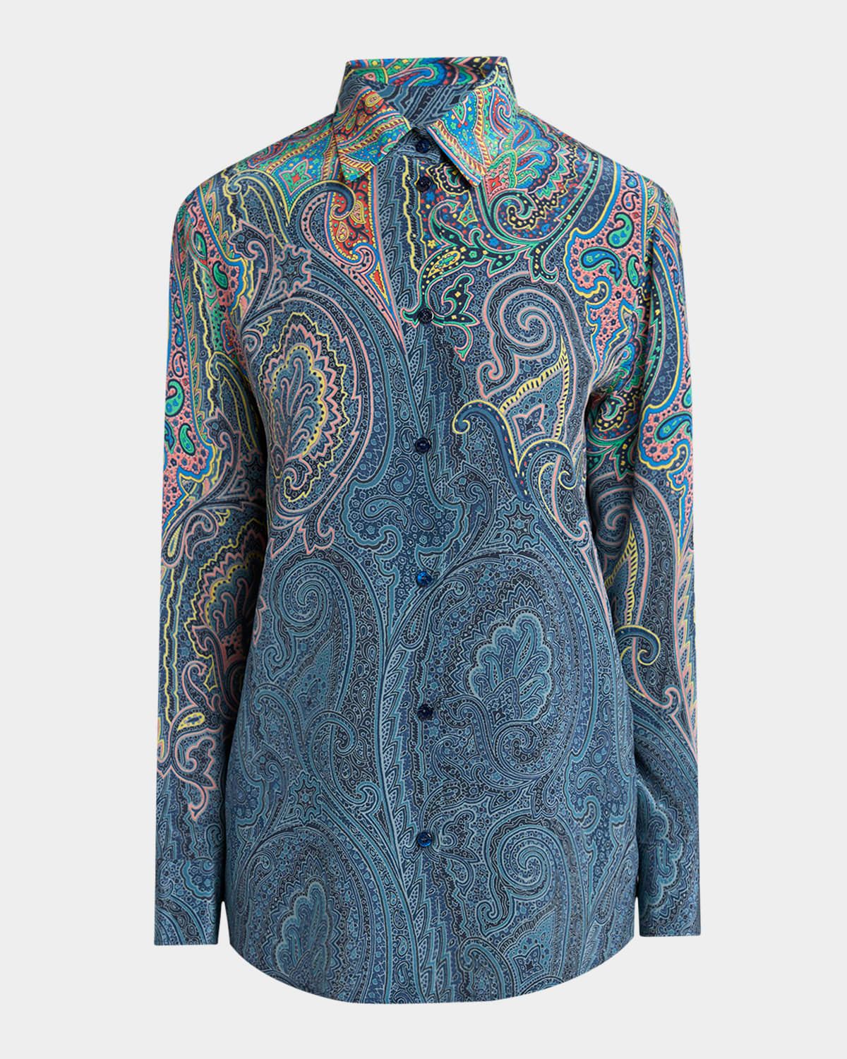 Arnica-Print Button-Down Tunic Blouse