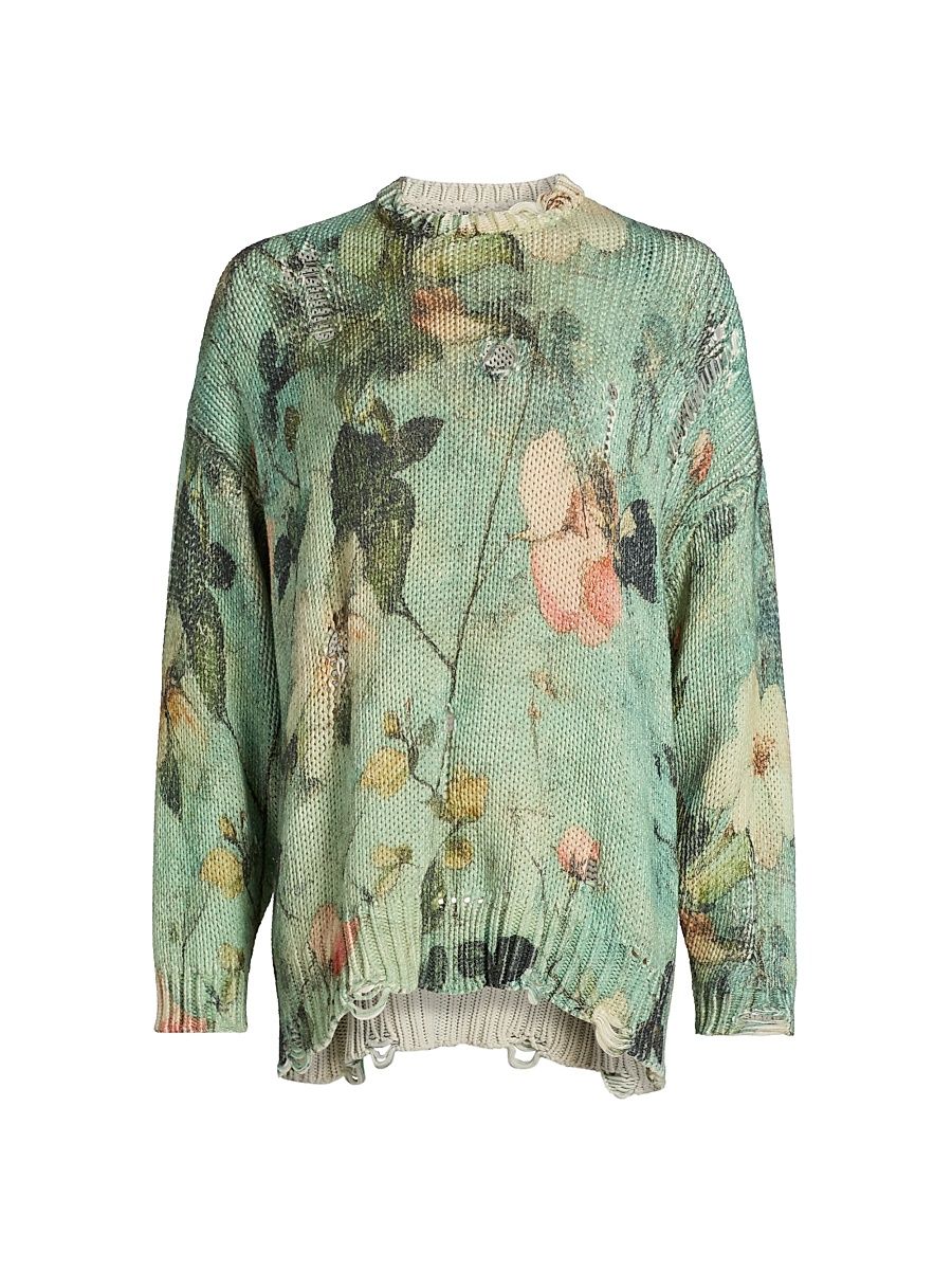 Women's Distressed Floral Cashmere Crewneck Sweater - Turquoise Floral - Size Medium