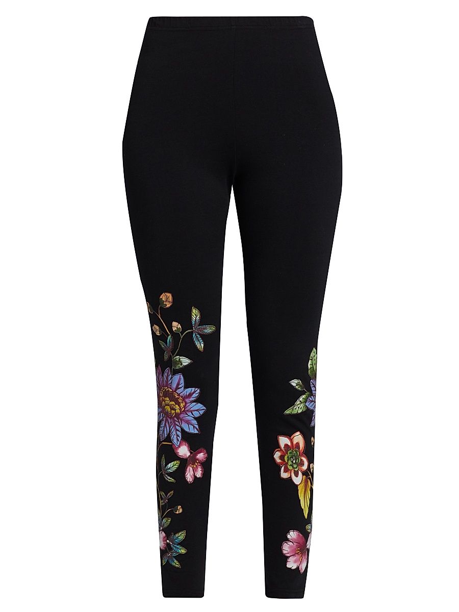Women's Floral Cotton Jersey Leggings - Black - Size XS