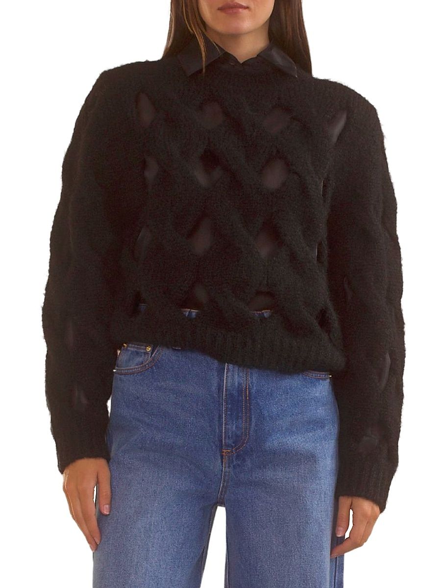 Women's Open-Knit Crewneck Sweater - Black - Size XS