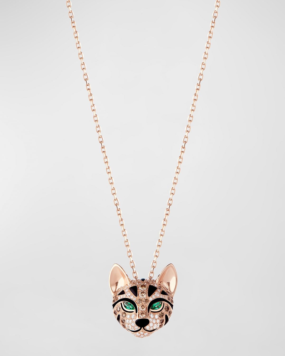 Pink Gold Fuzzy, the Leopard Pendant Necklace with Diamonds and Emeralds