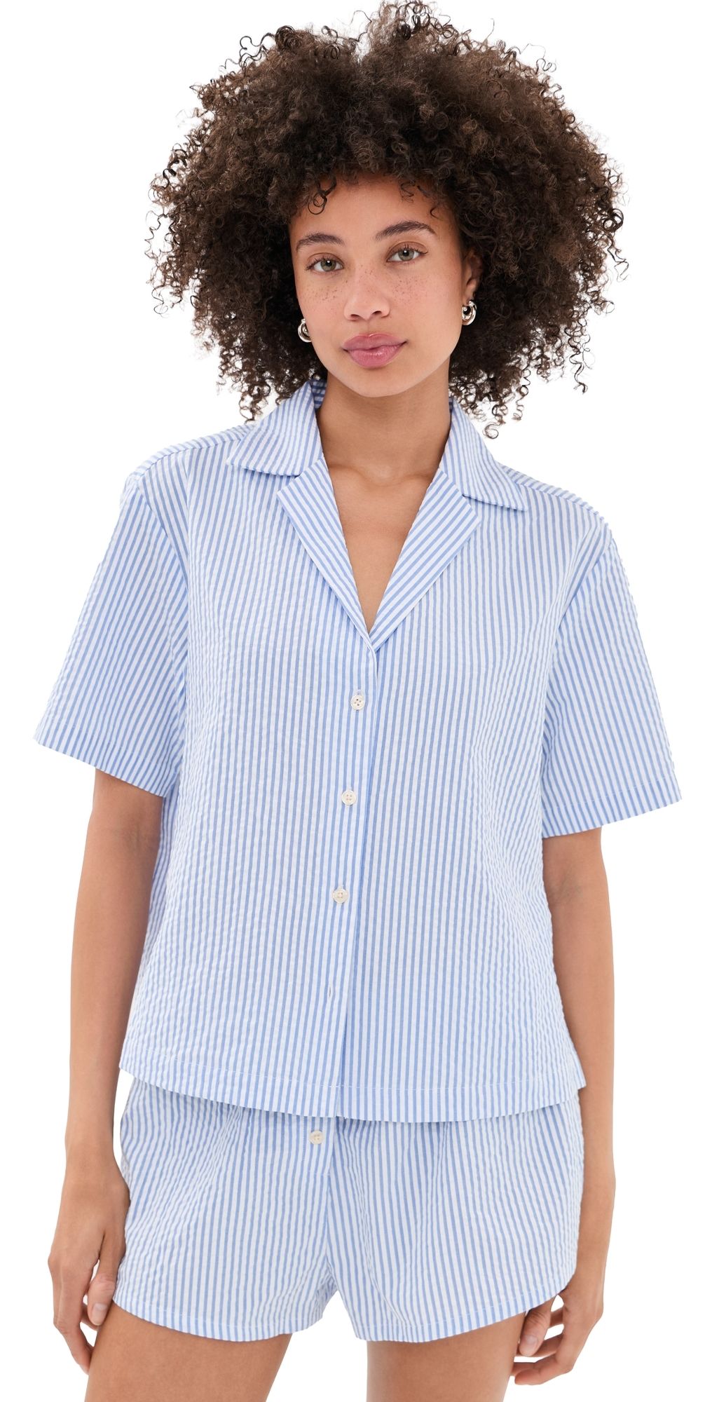 Good American The Camp Shirt Blue Stripe Seersucker L