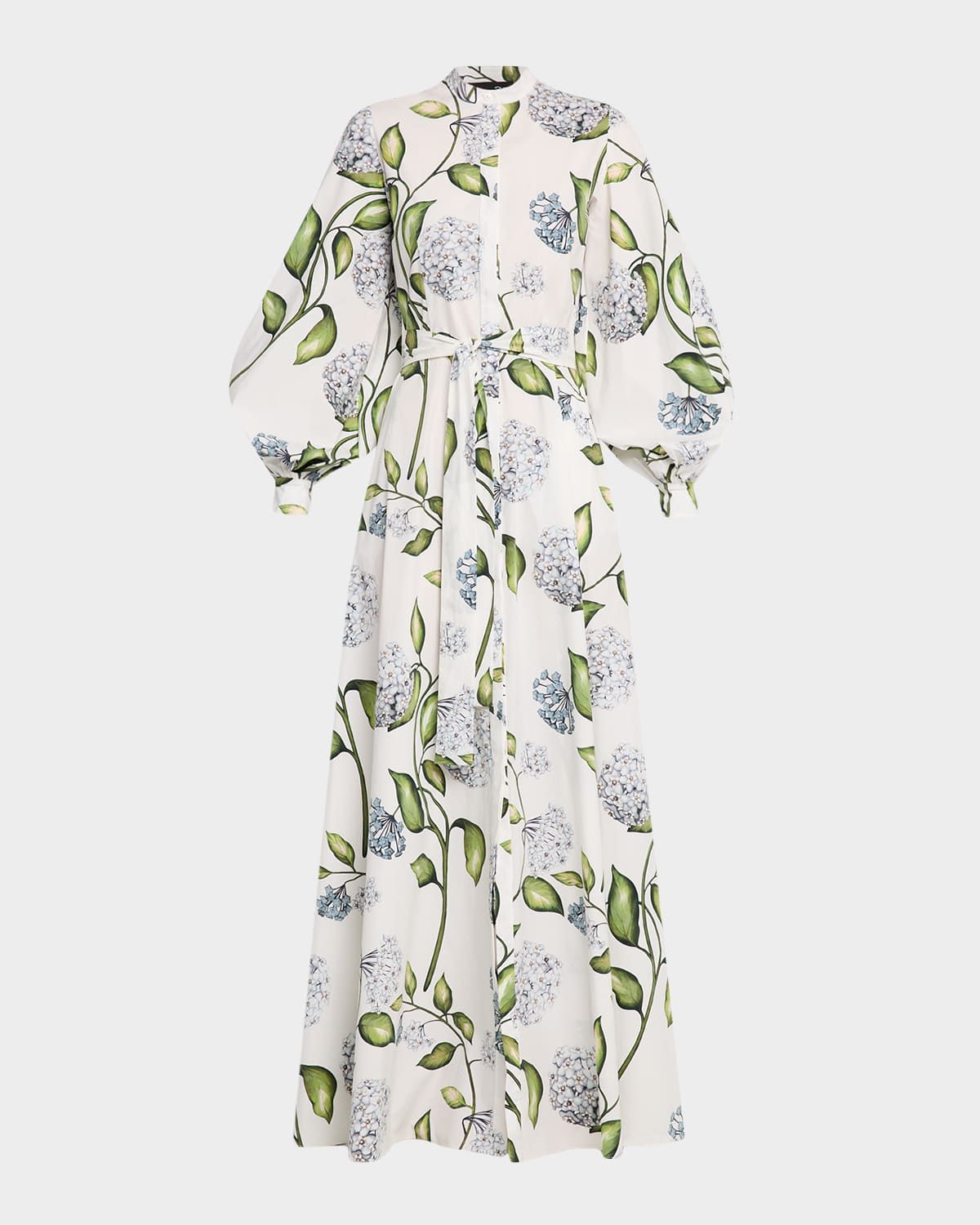 Long-Sleeve Porcelain Flower Cotton Poplin Maxi Shirtdress