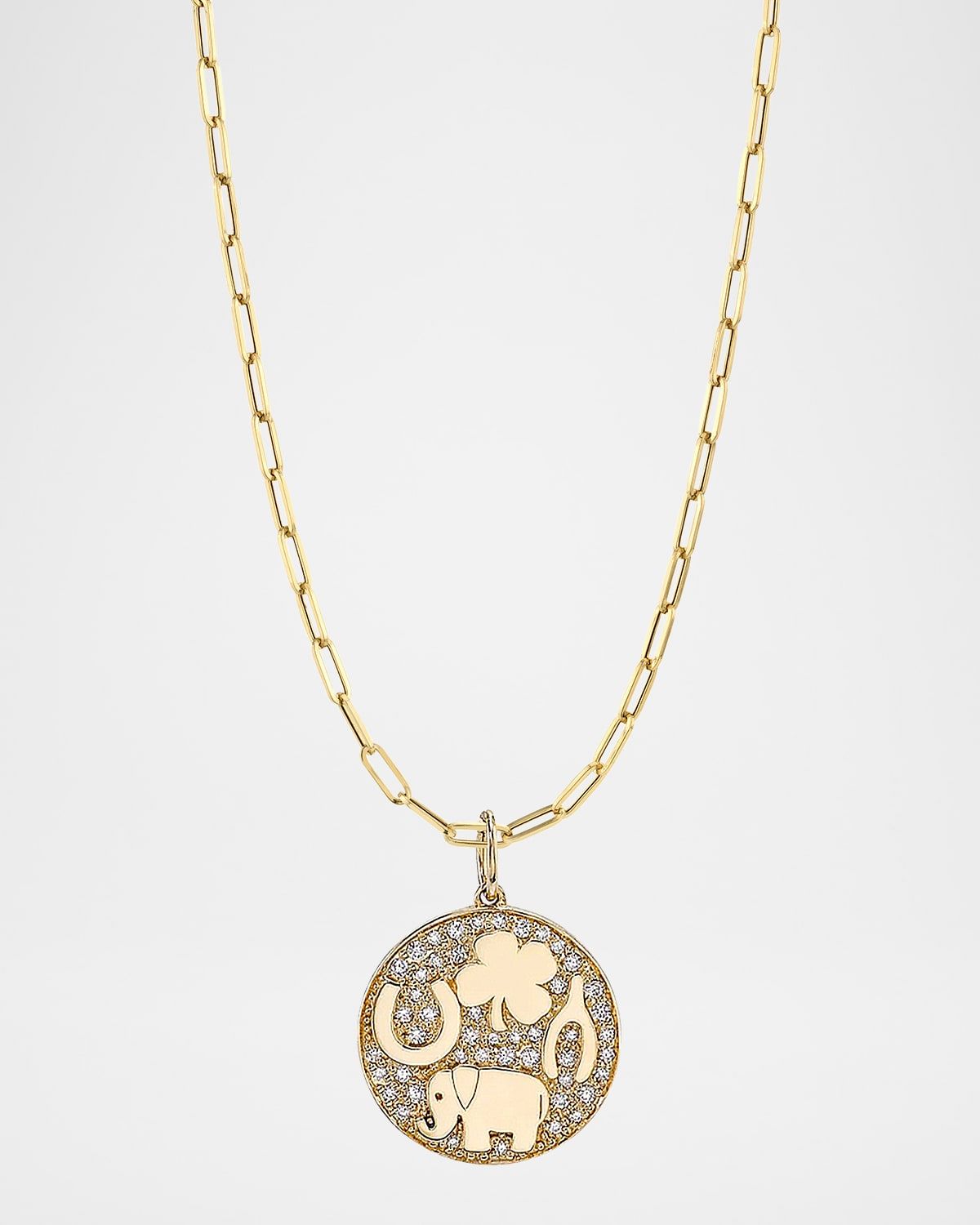 14K Luck Tableau Pave Medallion Necklace with Elongated Cable Chain