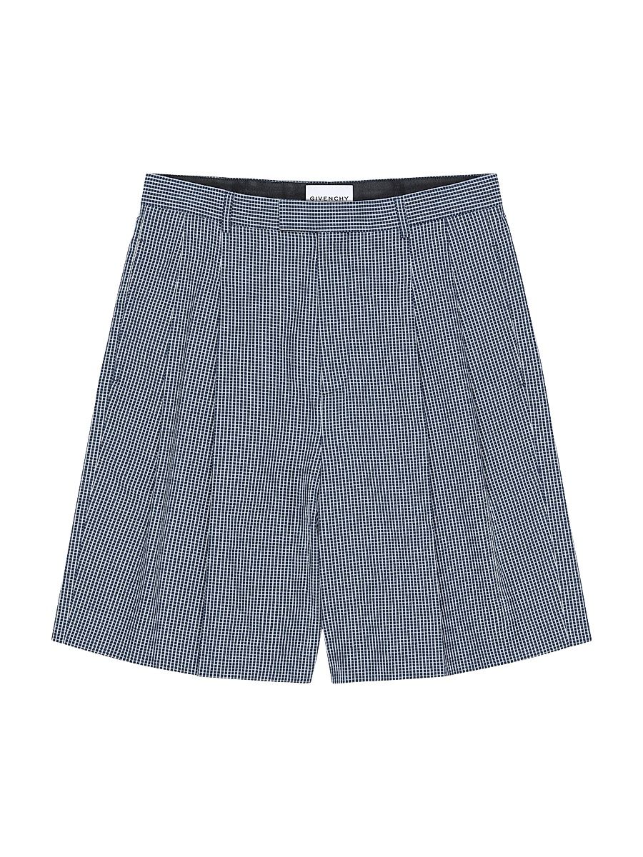Men's Double Pleat Checked Bermuda Shorts in Cotton - Blue - Size 30