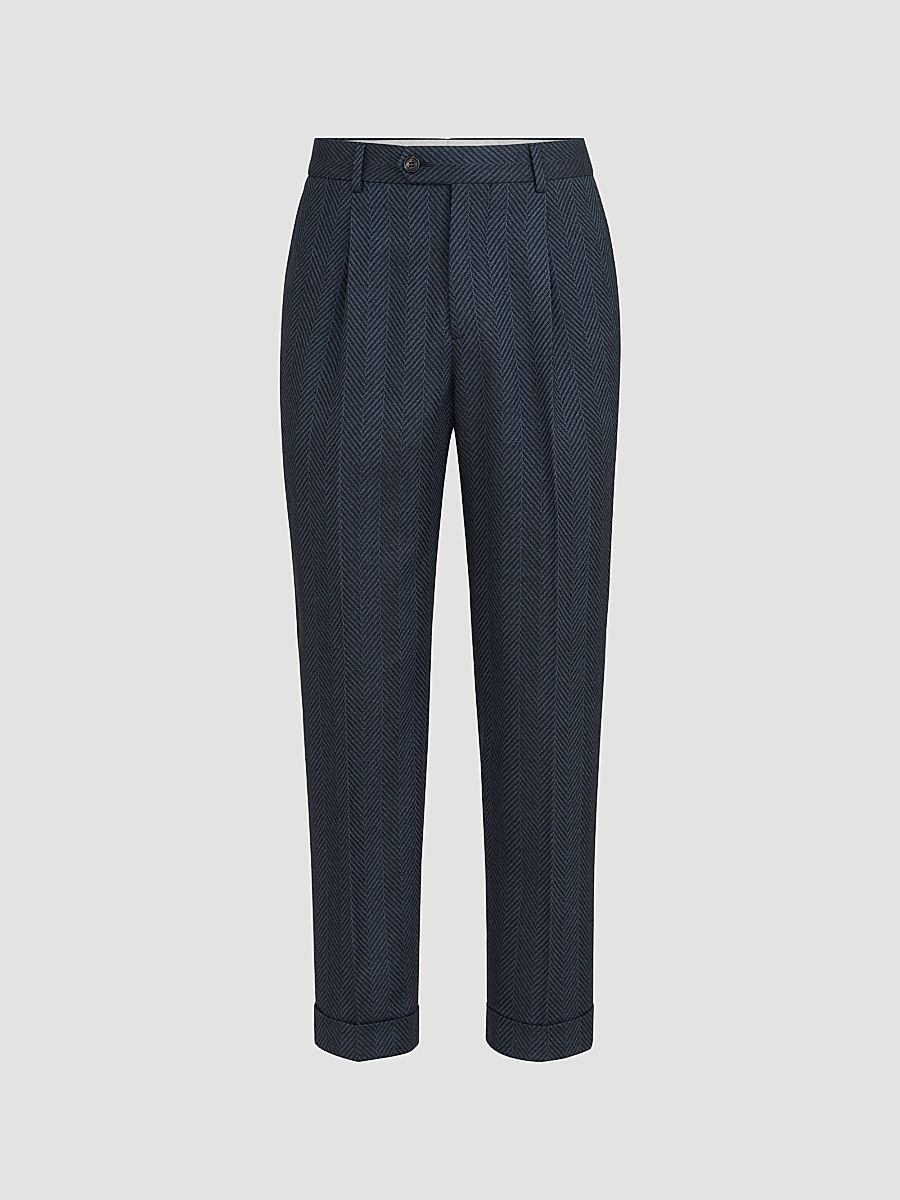 Men's Cashmere and Silk Chevron Flannel Trousers with Pleat - Navy Blue - Size 46