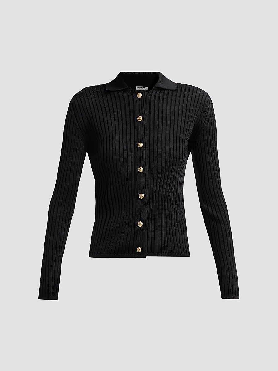 Balmain Women's Flat Rib-Knit Polo Sweater - Noir - Size 14