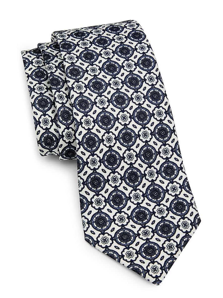 Men's Mosaic-Print Silk Tie - White Blue
