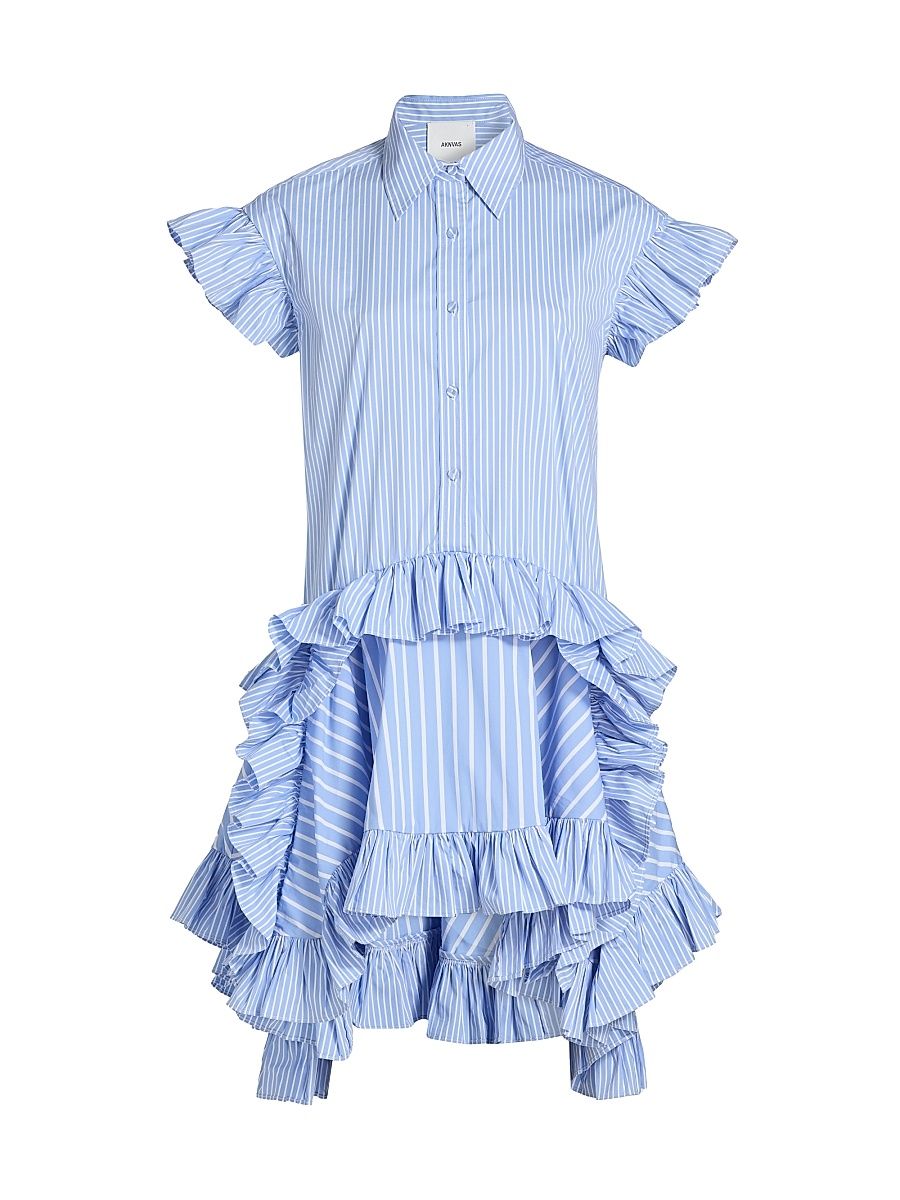 Women's Mila Striped Cotton-Blend Ruffled Shirtdress - Blue Stripe - Size 12