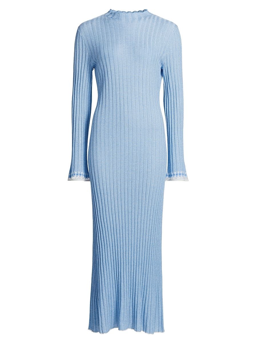 Women's Striped-Trim Silk-Linen Maxi Dress - Cream French Blue - Size Large