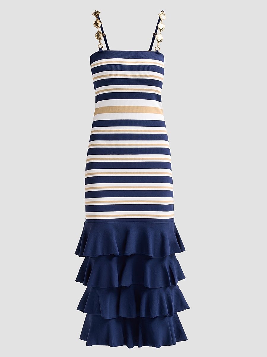 Women's Maryanne Shell Strap Ruffle Midi Dress - Navy Ginger Stripe - Size XL