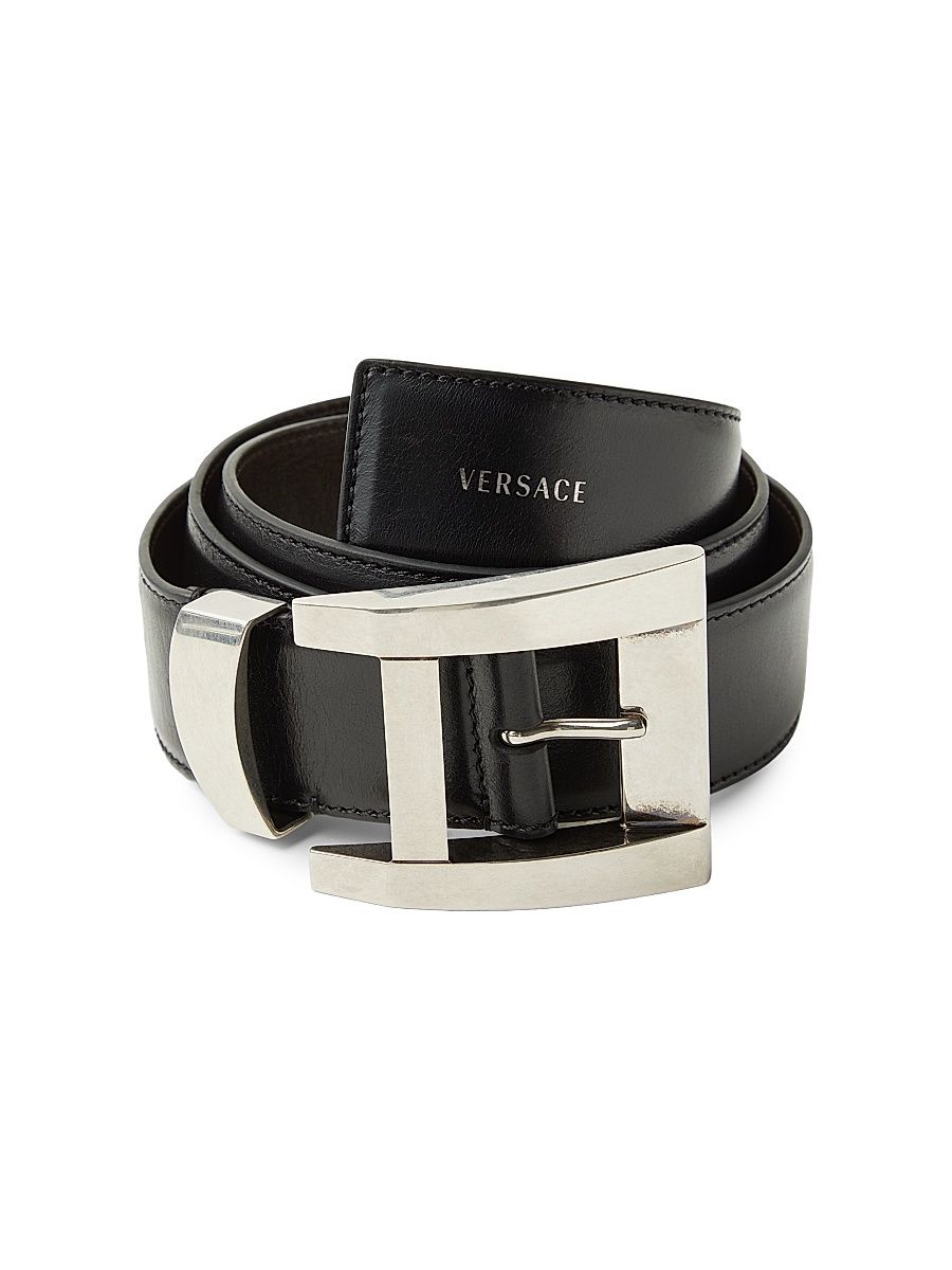 Men's Geometric Buckle Leather Belt - Black Palladium - Size 44