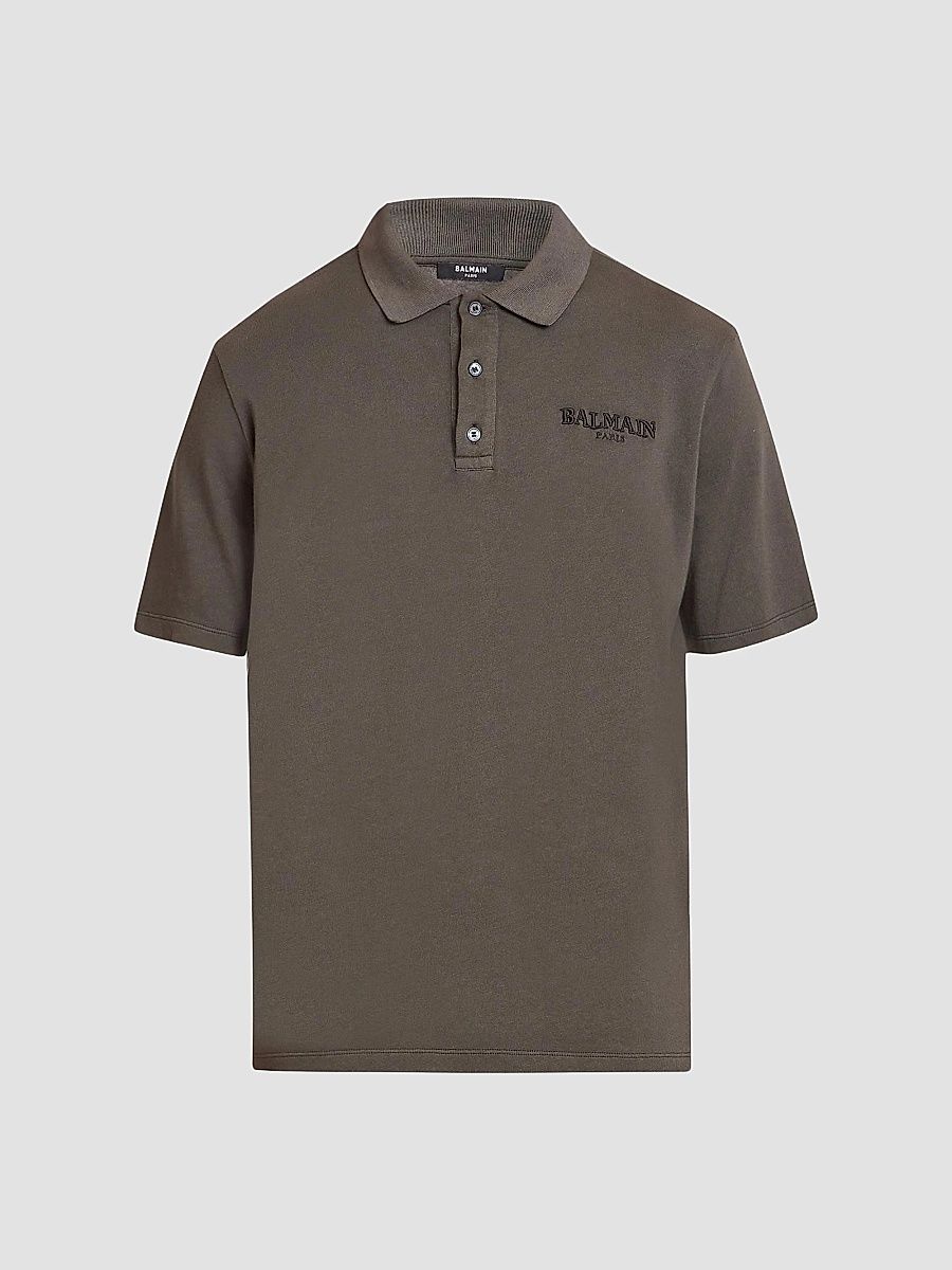 Balmain Men's Logo-Embroidered Cotton Polo Shirt - Kaki Fonce - Size XL