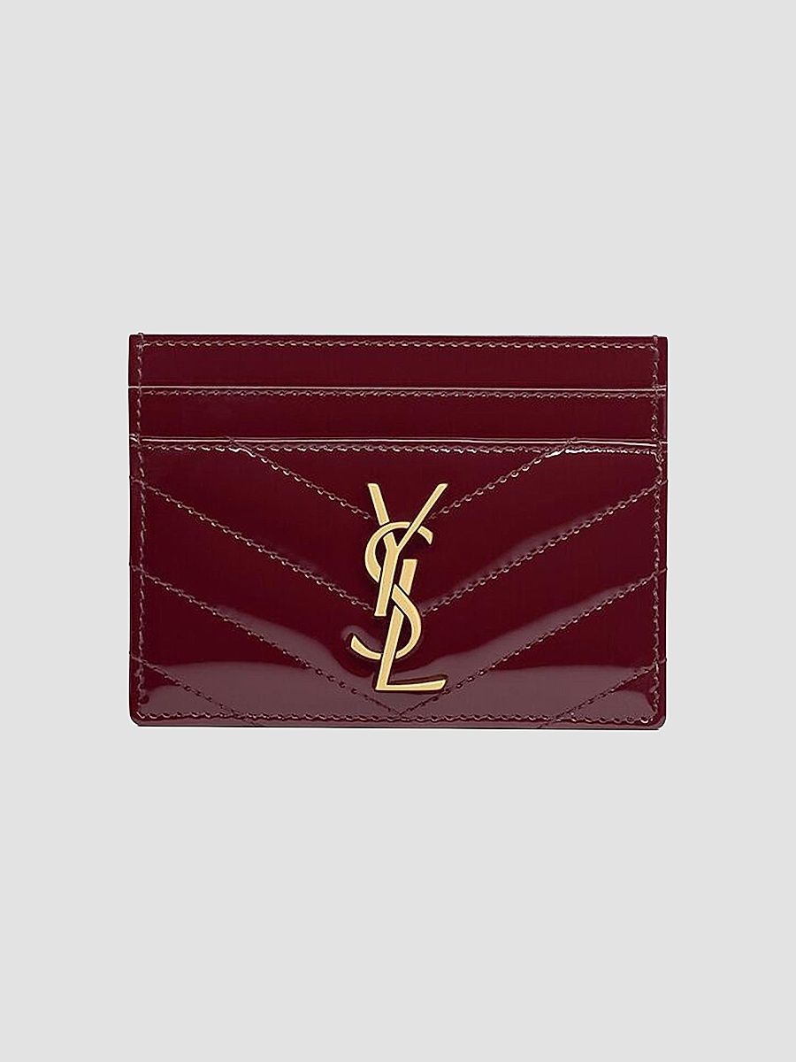 Saint Laurent Women's Cassandre Matelassé Card Case in Patent Leather - Dark Red Wine