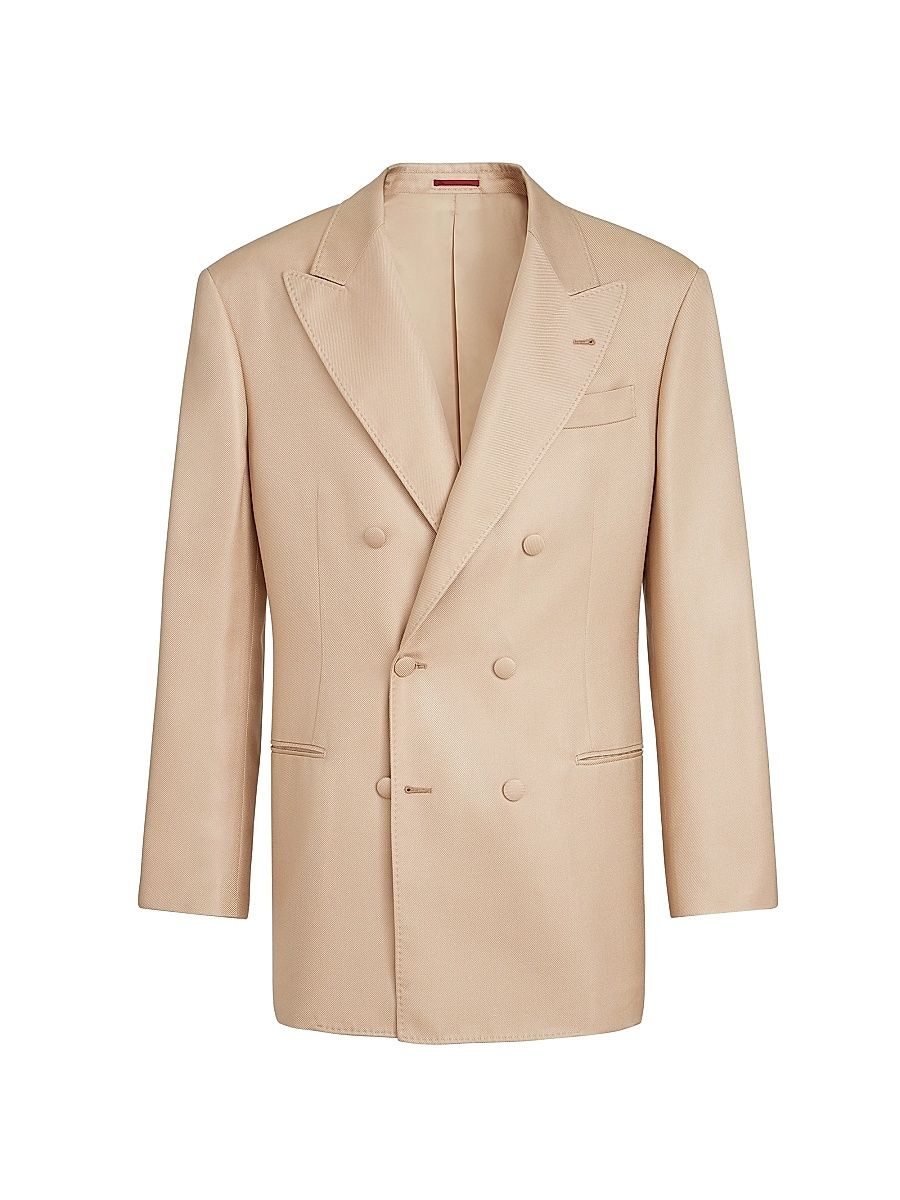 Men's Silk Diagonal One and a Half Breasted Tuxedo Jacket with Peak Lapels - Camel - Size 38