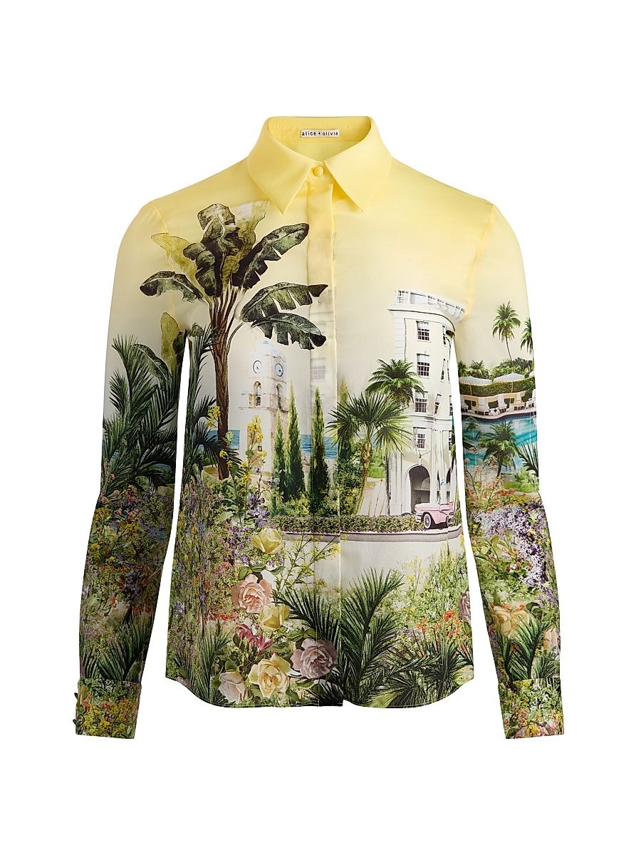 Women's Willa Staceface Silk Button-Front Shirt - Pure Paradise - Size XL