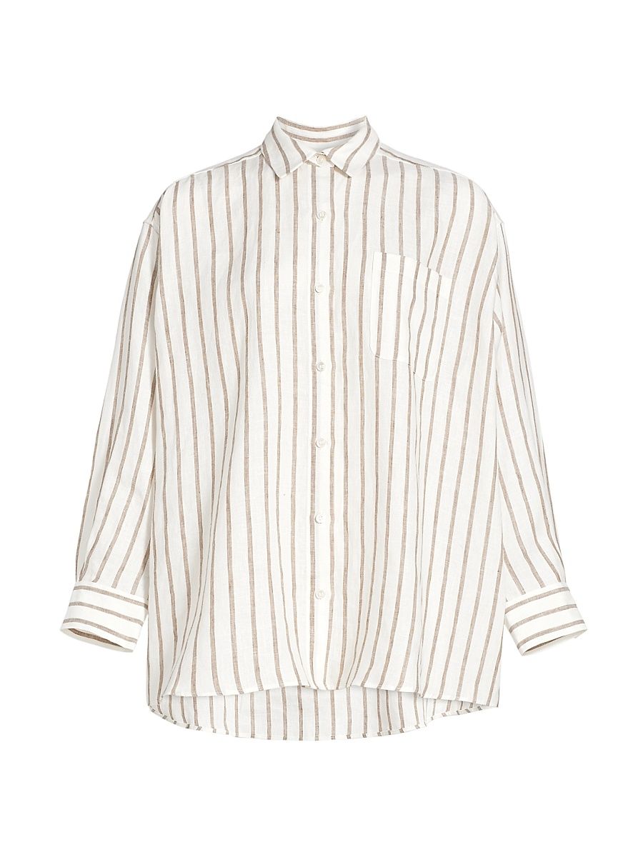 Women's Linen Striped Oversized Shirt - Taupe Stripe - Size Large
